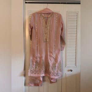 3 Pcs Mirror work Light Pink Semi Formal Pakistani Embroidered Dress Medium